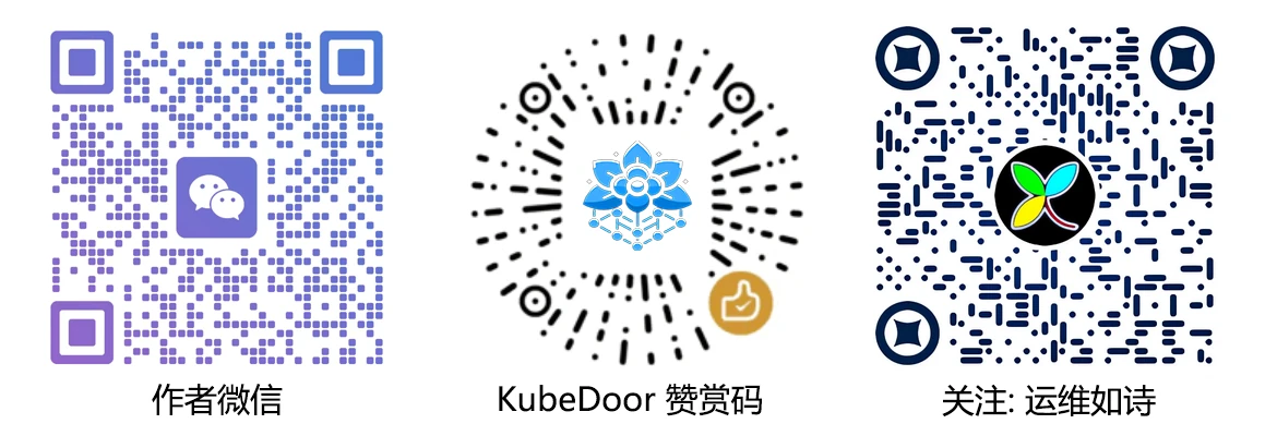 三个二维码：作者微信、KubeDoor 赞赏码、公众号「运维如诗」