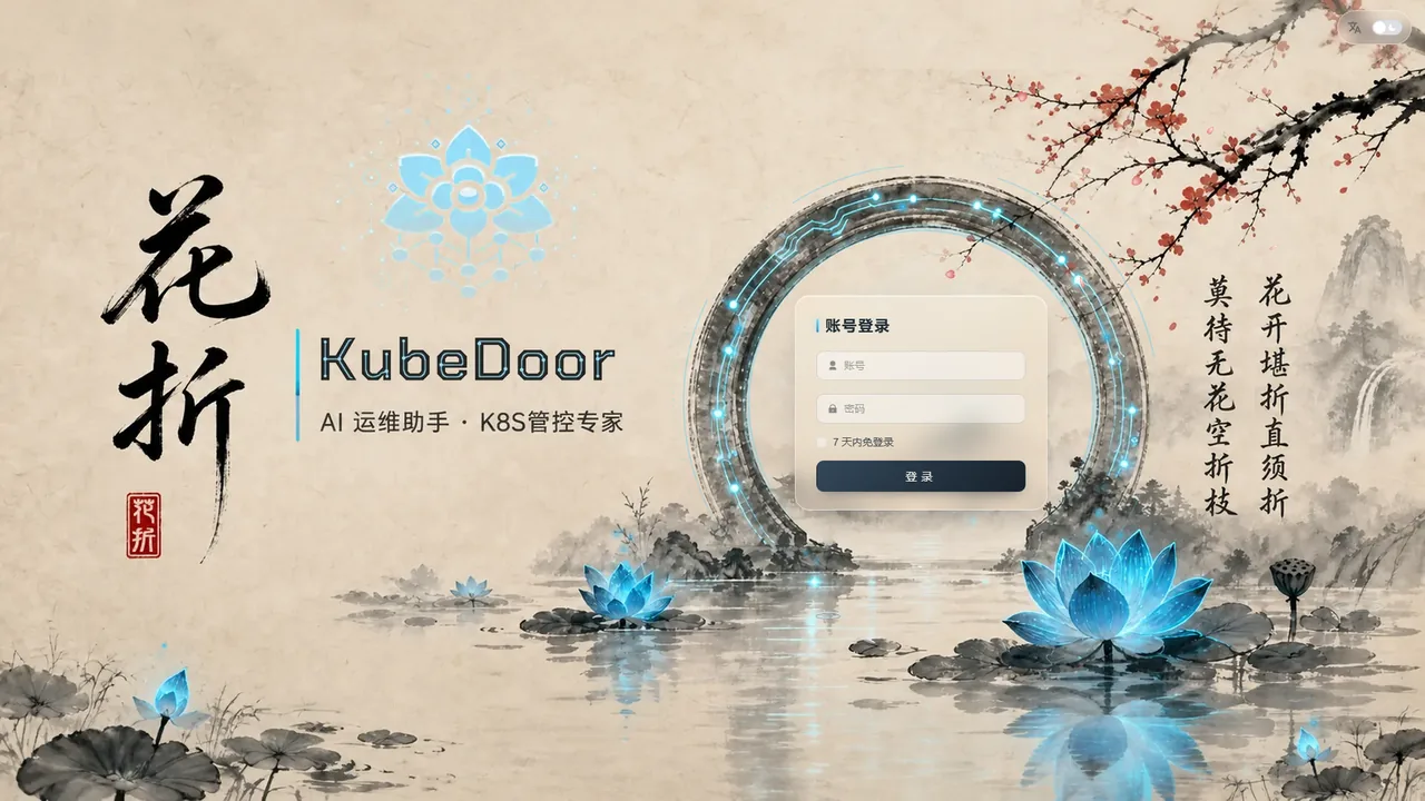 KubeDoor 2.2 登录页截图：水墨宣纸背景，左侧是「花折」书法与 KubeDoor 标题，毛玻璃登录框位于中右侧发光的月洞门中